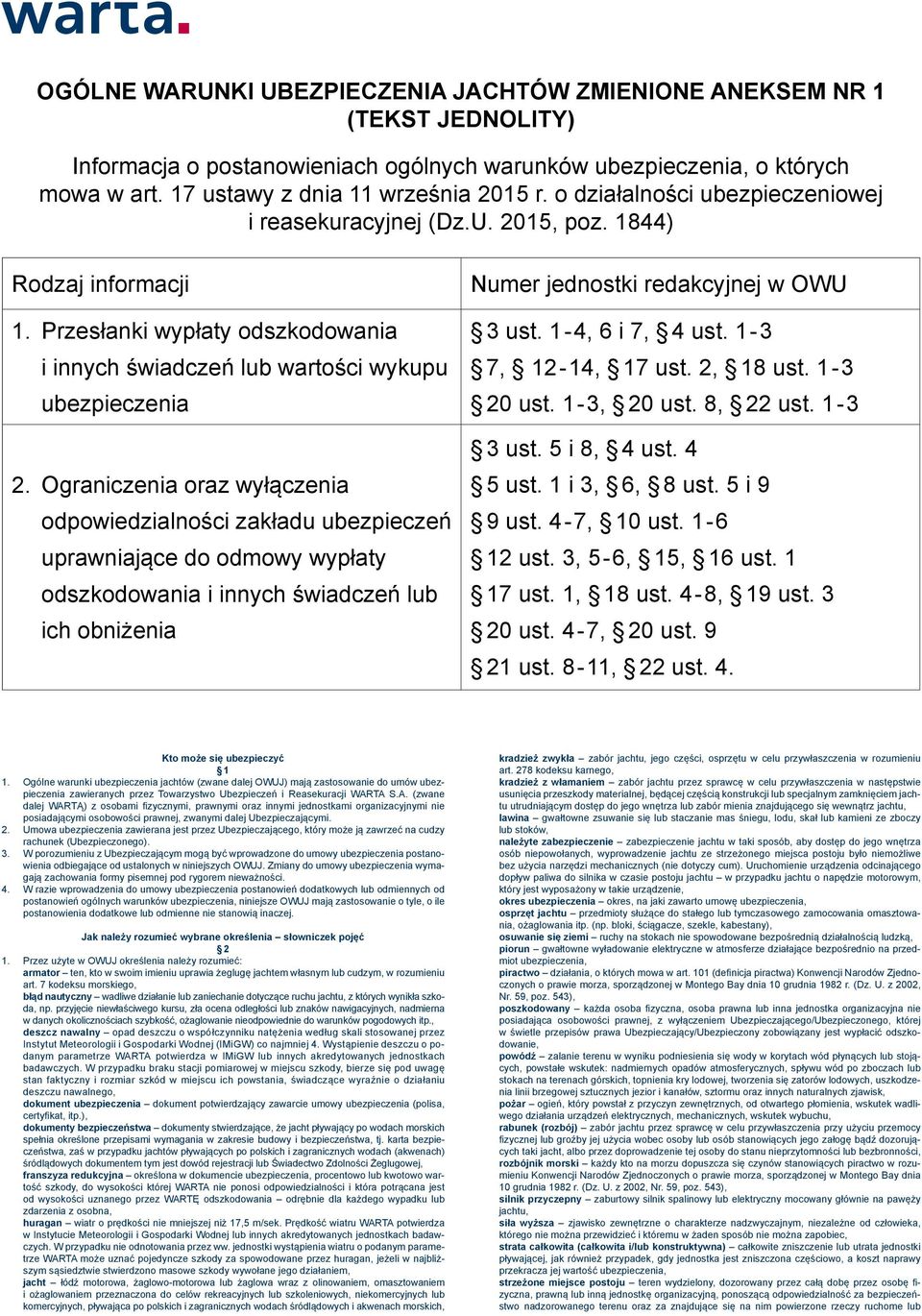 Ograniczenia oraz wyłączenia odpowiedzialności zakładu ubezpieczeń uprawniające do odmowy wypłaty odszkodowania i innych świadczeń lub ich obniżenia Numer jednostki redakcyjnej w OWU 3 ust.