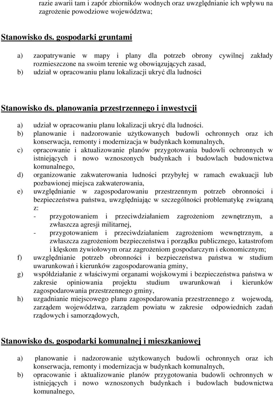 ludności Stanowisko ds. planowania przestrzennego i inwestycji a) udział w opracowaniu planu lokalizacji ukryć dla ludności.