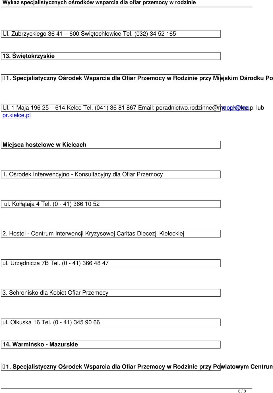 Ośrodek Interwencyjno - Konsultacyjny dla Ofiar Przemocy ul. Kołłątaja 4 Tel. (0-41) 366 10 52 2. Hostel - Centrum Interwencji Kryzysowej Caritas Diecezji Kieleckiej ul.