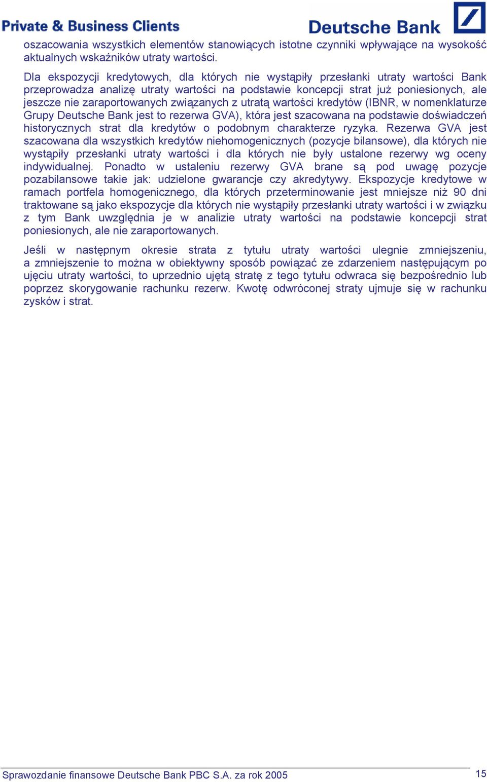 zaraportowanych związanych z utratą wartości kredytów (IBNR, w nomenklaturze Grupy Deutsche Bank jest to rezerwa GVA), która jest szacowana na podstawie doświadczeń historycznych strat dla kredytów o