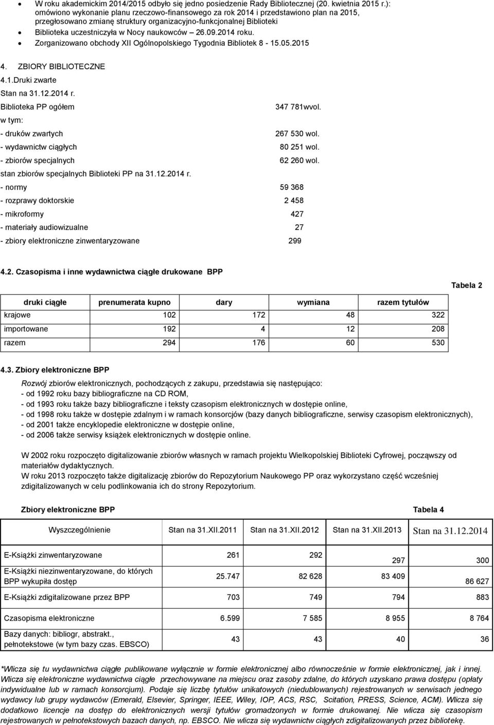 naukowców 26.09.2014 roku. Zorganizowano obchody XII Ogólnopolskiego Tygodnia Bibliotek 8-15.05.2015 4. ZBIORY BIBLIOTECZNE 4.1.Druki zwarte Stan na 31.12.2014 r. Biblioteka PP ogółem 347 781wvol.