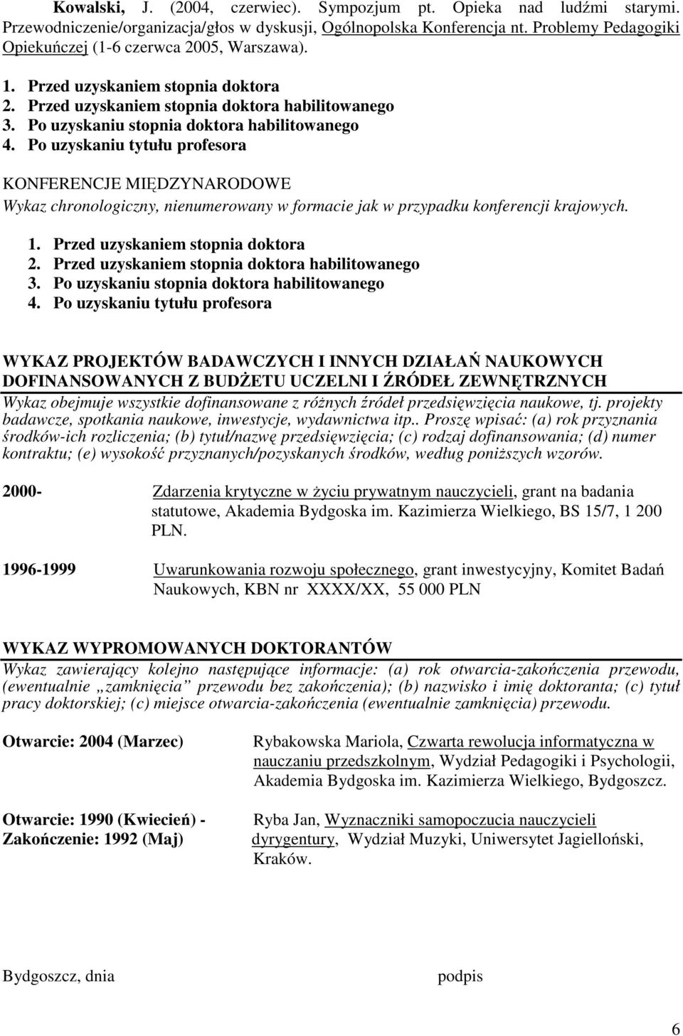 Po uzyskaniu tytułu profesora KONFERENCJE MIĘDZYNARODOWE Wykaz chronologiczny, nienumerowany w formacie jak w przypadku konferencji krajowych. 1. Przed uzyskaniem stopnia doktora 2.