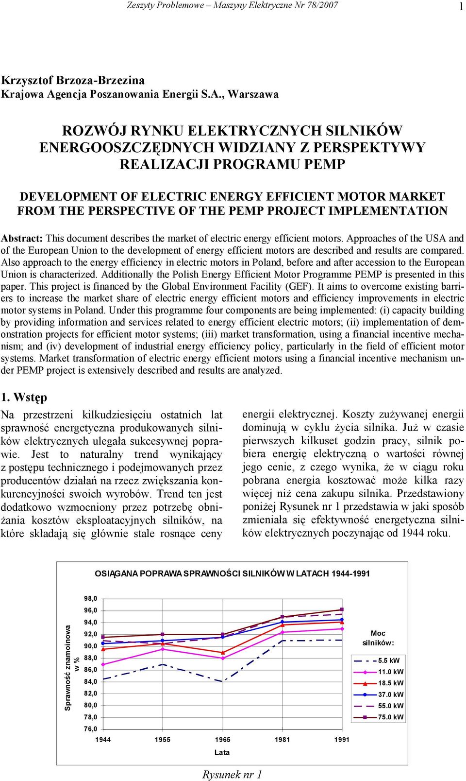 , Warszawa ROZWÓJ RYNKU ELEKTRYCZNYCH SILNIKÓW ENERGOOSZCZĘDNYCH WIDZIANY Z PERSPEKTYWY REALIZACJI PROGRAMU PEMP DEVELOPMENT OF ELECTRIC ENERGY EFFICIENT MOTOR MARKET FROM THE PERSPECTIVE OF THE PEMP