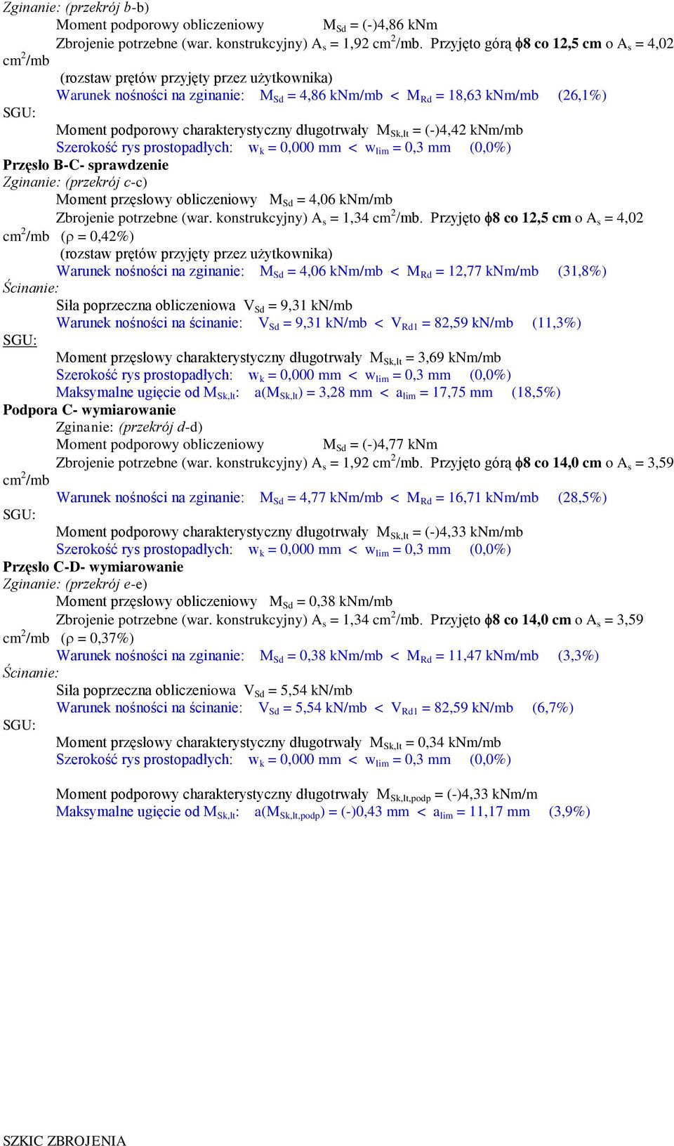 charakterystyczny długotrwały M Sk,lt = (-)4,42 knm/mb Szerokość rys prostopadłych: w k = 0,000 mm < w lim = 0,3 mm (0,0%) Przęsło -C- sprawdzenie Zginanie: (przekrój c-c) Moment przęsłowy