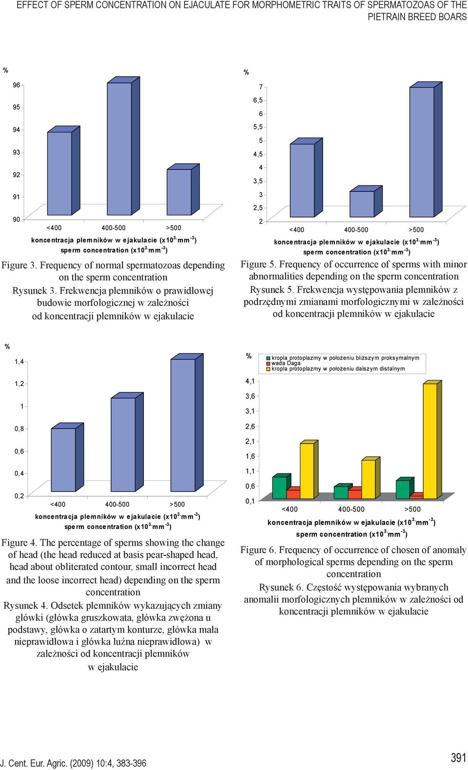 Frekwencja plemników o prawidłowej budowie morfologicznej w zależności od koncentracji plemników w ejakulacie % 7 6,5 6 5,5 5 4,5 4 3,5 3 2,5 2 <400 400-500 >500 koncentracja plemników w ejakulacie