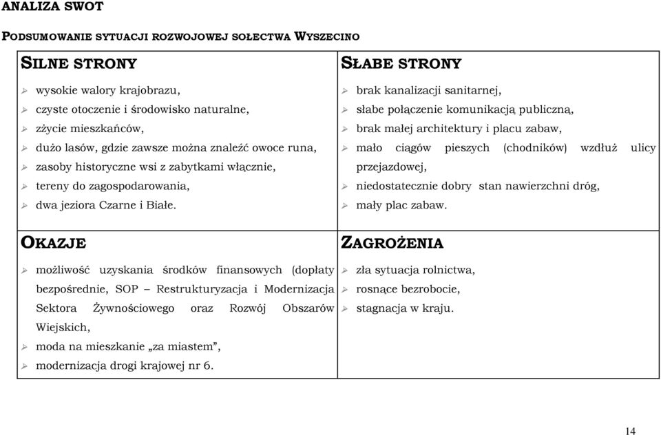 historyczne wsi z zabytkami włącznie, przejazdowej, tereny do zagospodarowania, niedostatecznie dobry stan nawierzchni dróg, dwa jeziora Czarne i Białe. mały plac zabaw.