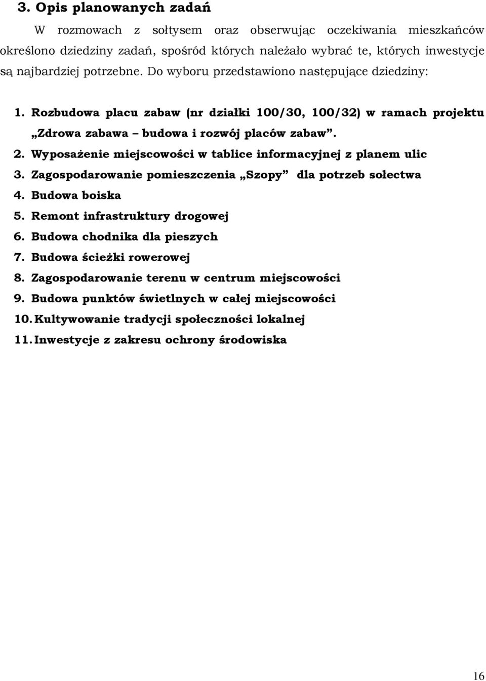 WyposaŜenie miejscowości w tablice informacyjnej z planem ulic 3. Zagospodarowanie pomieszczenia Szopy dla potrzeb sołectwa 4. Budowa boiska 5. Remont infrastruktury drogowej 6.