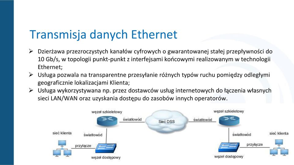 transparentne przesyłanie różnych typów ruchu pomiędzy odległymi geograficznie lokalizacjami Klienta; Usługa