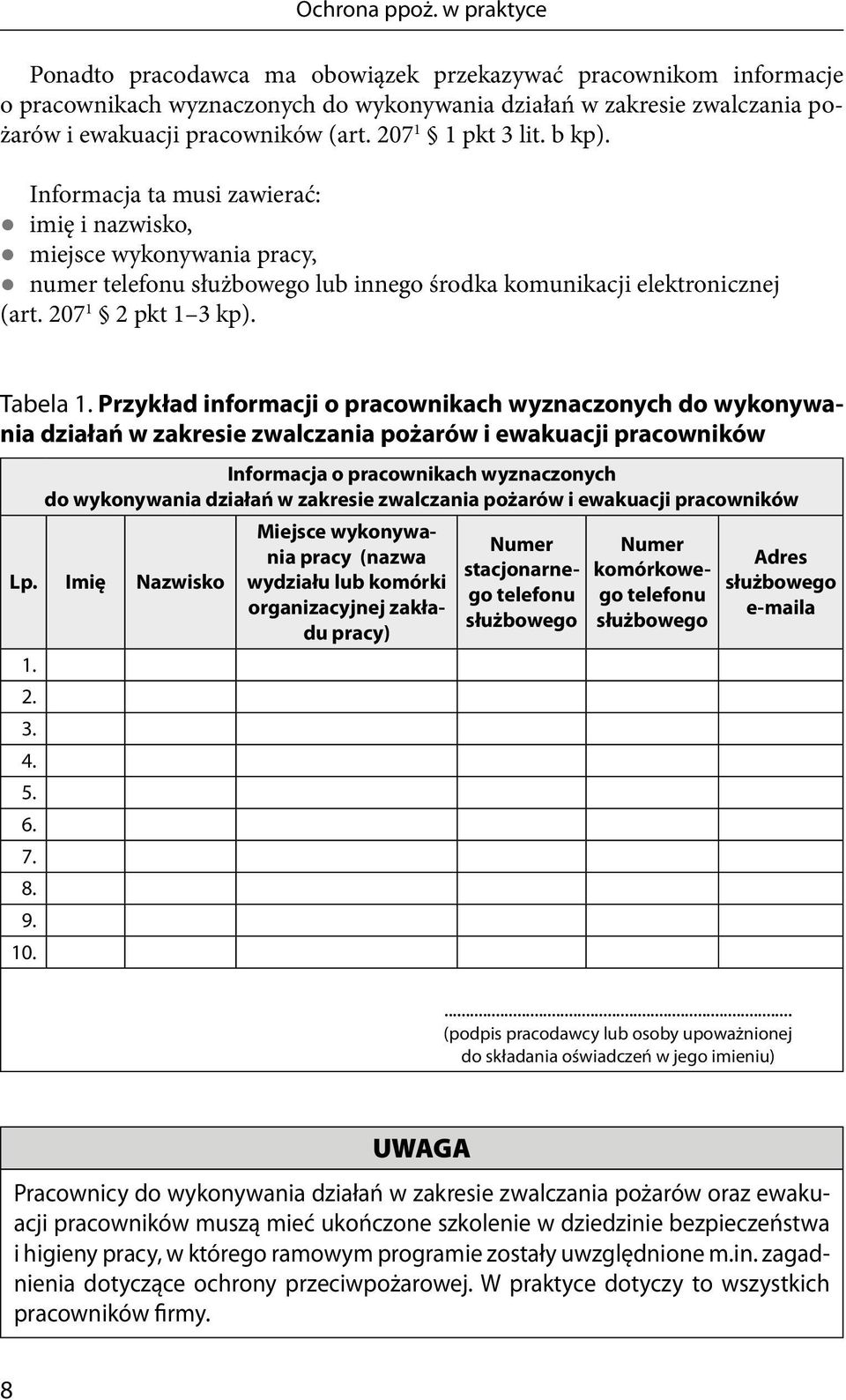 207 1 1 pkt 3 lit. b kp). Informacja ta musi zawierać: imię i nazwisko, miejsce wykonywania pracy, numer telefonu służbowego lub innego środka komunikacji elektronicznej (art. 207 1 2 pkt 1 3 kp).