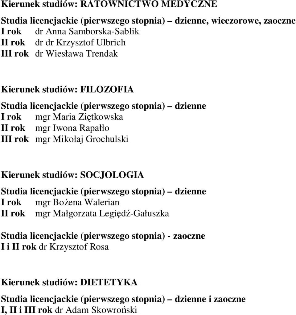 Grochulski Kierunek studiów: SOCJOLOGIA Studia licencjackie (pierwszego stopnia) dzienne I rok mgr BoŜena Walerian II rok mgr Małgorzata Legiędź-Gałuszka Studia licencjackie