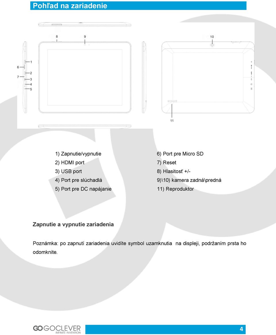 9)\10) kamera zadná\predná 11) Reproduktor Zapnutie a vypnutie zariadenia Poznámka: