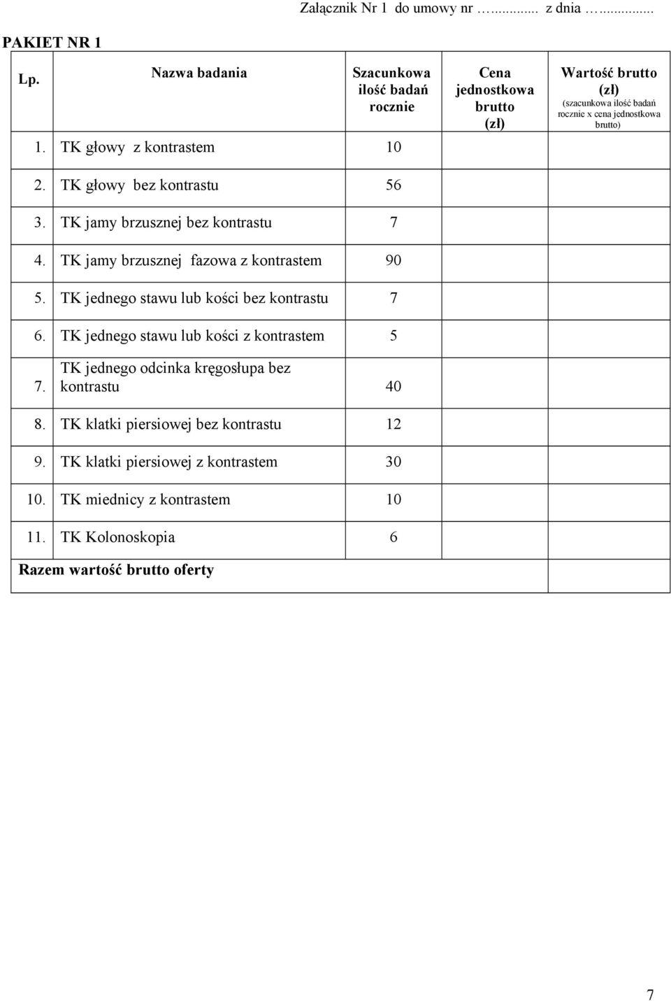 TK jednego stawu lub kości z kontrastem 5 Cena jednostkowa brutto (zł) Wartość brutto (zł) (szacunkowa ilość badań rocznie x cena jednostkowa brutto) 7.