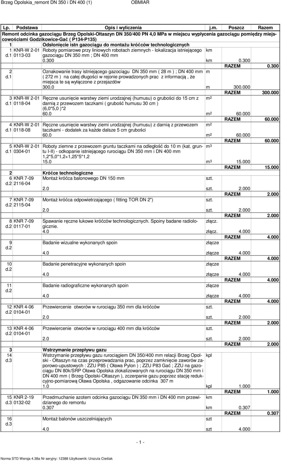 1 0304-01 Roboty pomiarowe przy liniowych robotach ziemnych - lokalizacja istniejącego gazociągu DN 350 mm ; DN 400 mm Oznakowanie trasy istniejącego gazociągu DN 350 mm ( 28 m ) ; DN 400 mm m ( 272