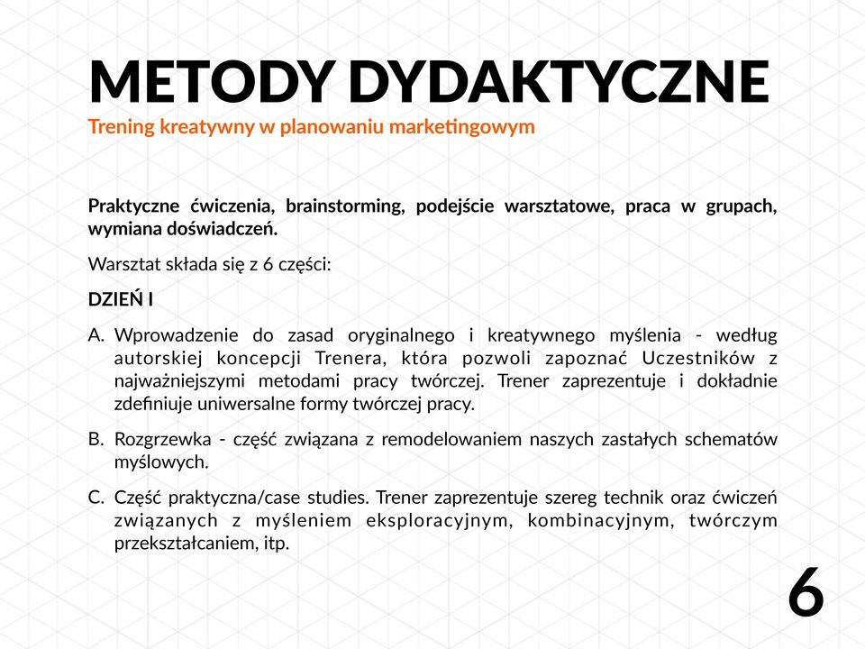 twórczej. Trener zaprezentuje i dokładnie zdefiniuje uniwersalne formy twórczej pracy. B.