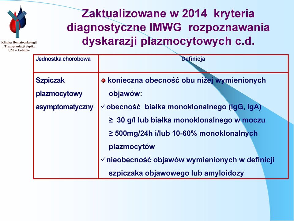 Definicja Szpiczak plazmocytowy asymptomatyczny konieczna obecność obu niżej wymienionych objawów: