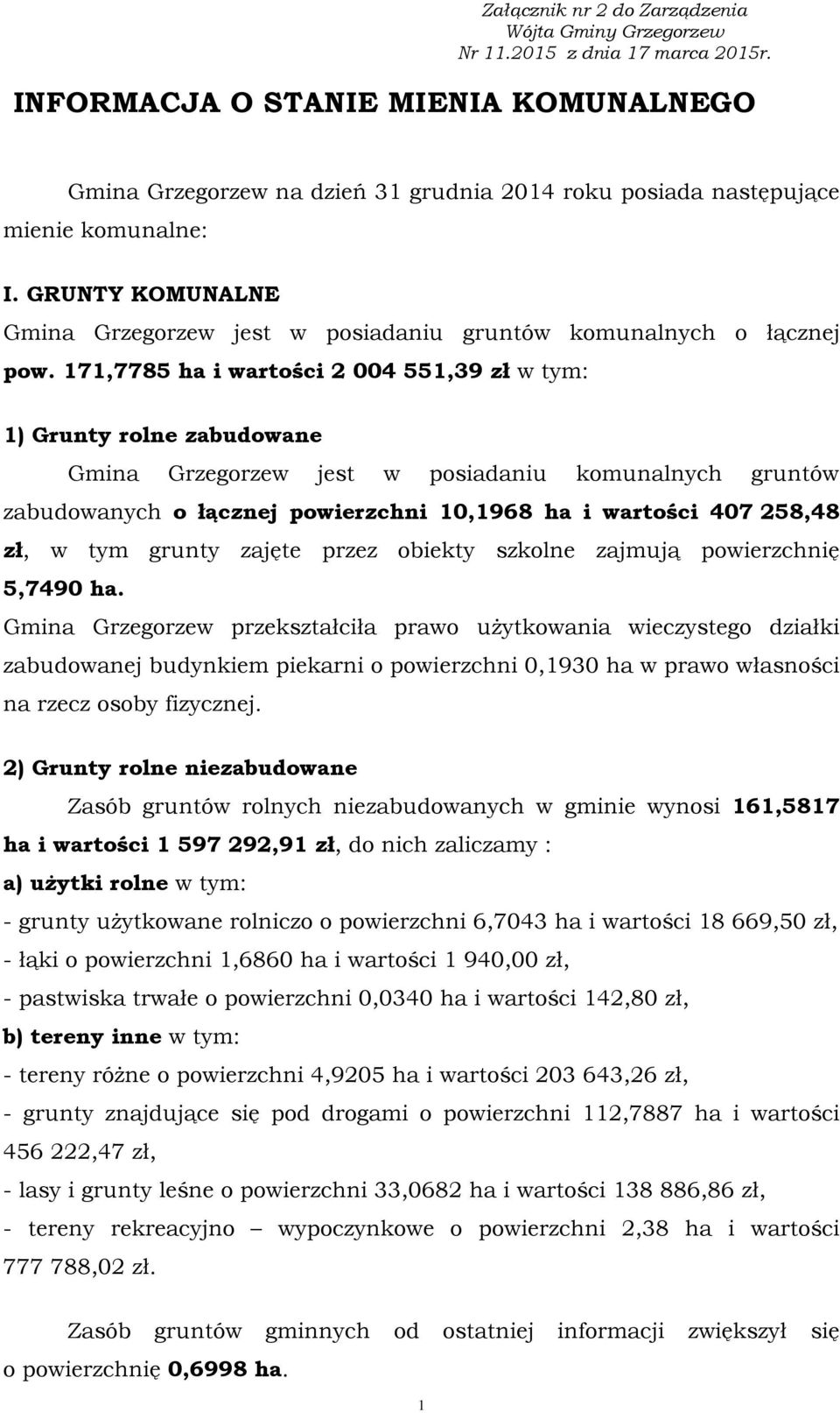 GRUNTY KOMUNALNE Gmina Grzegorzew jest w posiadaniu gruntów komunalnych o łącznej pow.