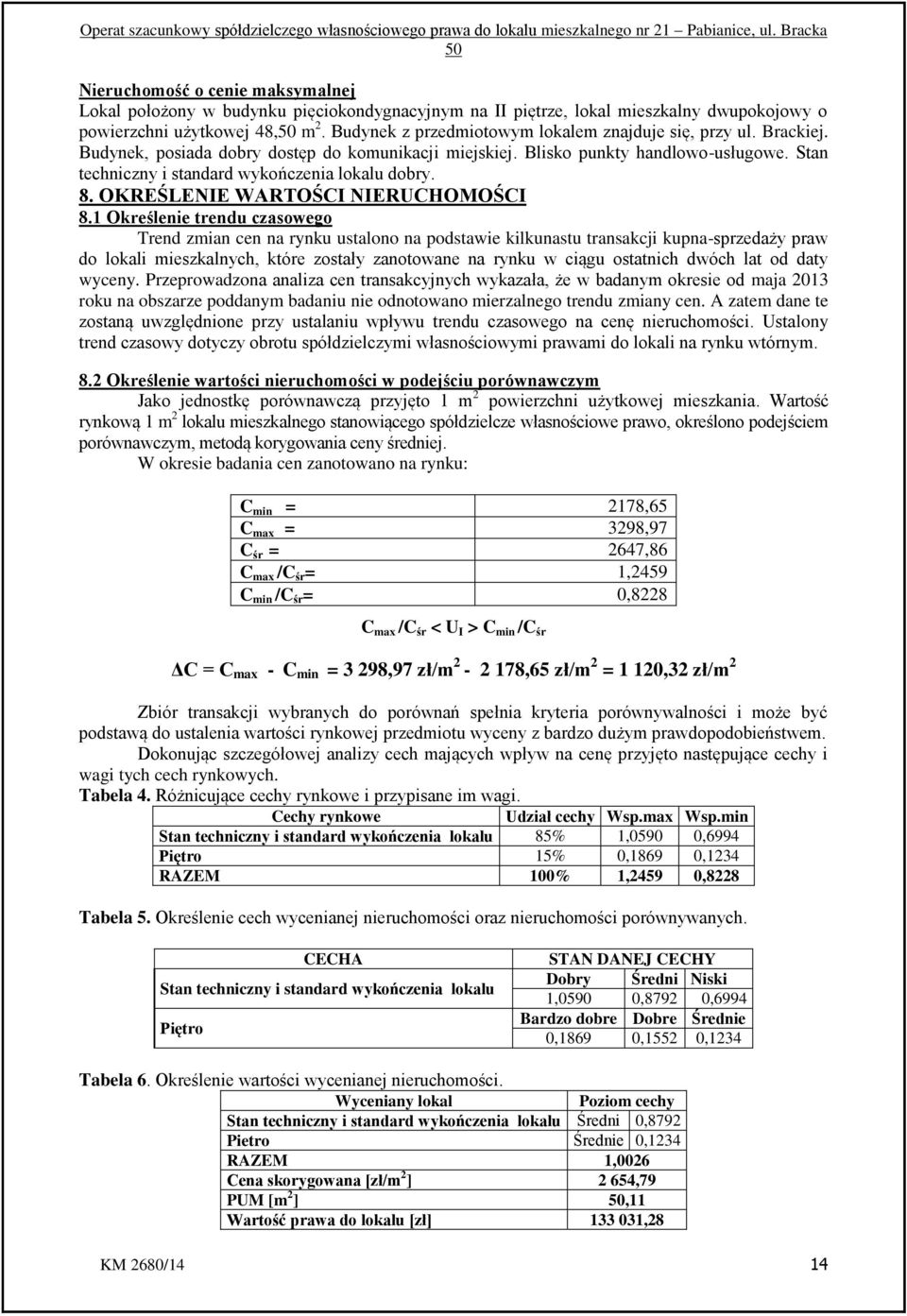 Stan techniczny i standard wykończenia lokalu dobry. 8. OKREŚLENIE WARTOŚCI NIERUCHOMOŚCI 8.