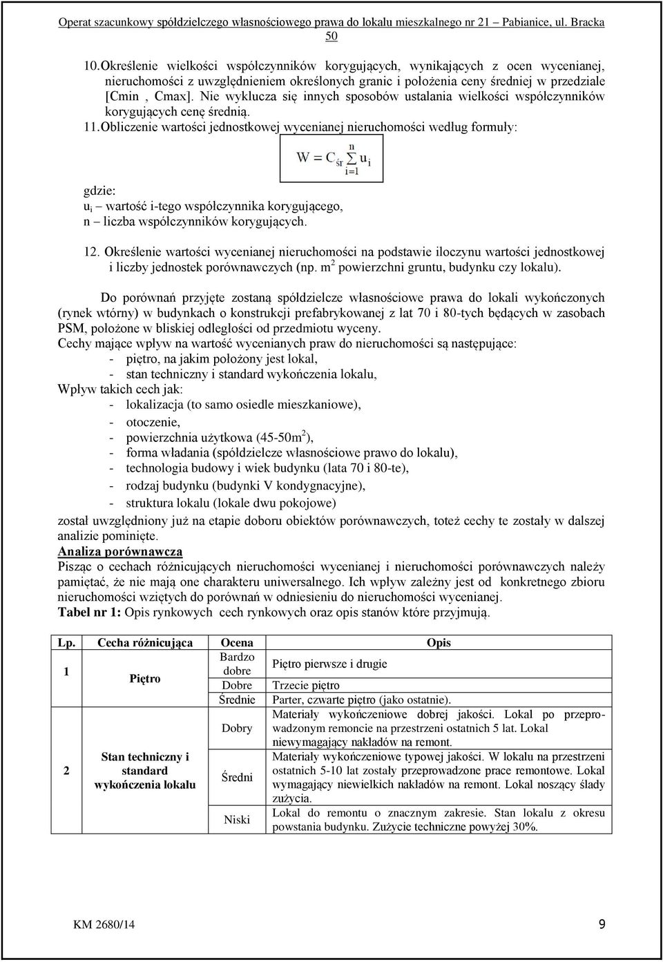 Obliczenie wartości jednostkowej wycenianej nieruchomości według formuły: gdzie: u i wartość i-tego współczynnika korygującego, n liczba współczynników korygujących. 12.