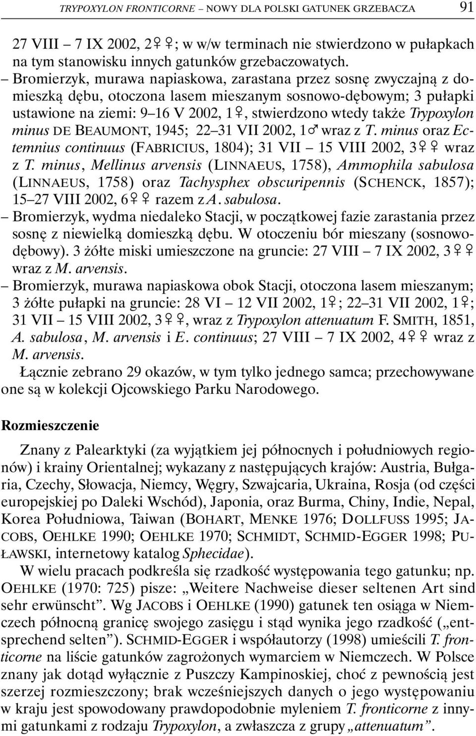 Trypoxylon minus DE BEAUMONT, 1945; 22 31 VII 2002, 1% wraz z T. minus oraz Ectemnius continuus (FABRICIUS, 1804); 31 VII 15 VIII 2002, 3&& wraz z T.