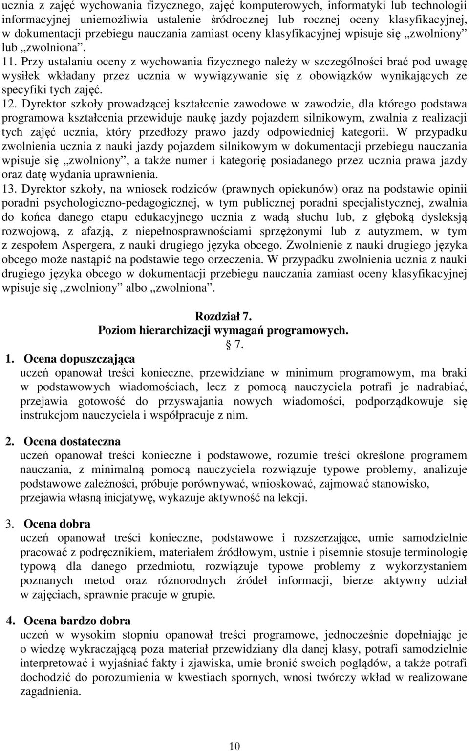 Przy ustalaniu oceny z wychowania fizycznego należy w szczególności brać pod uwagę wysiłek wkładany przez ucznia w wywiązywanie się z obowiązków wynikających ze specyfiki tych zajęć. 12.