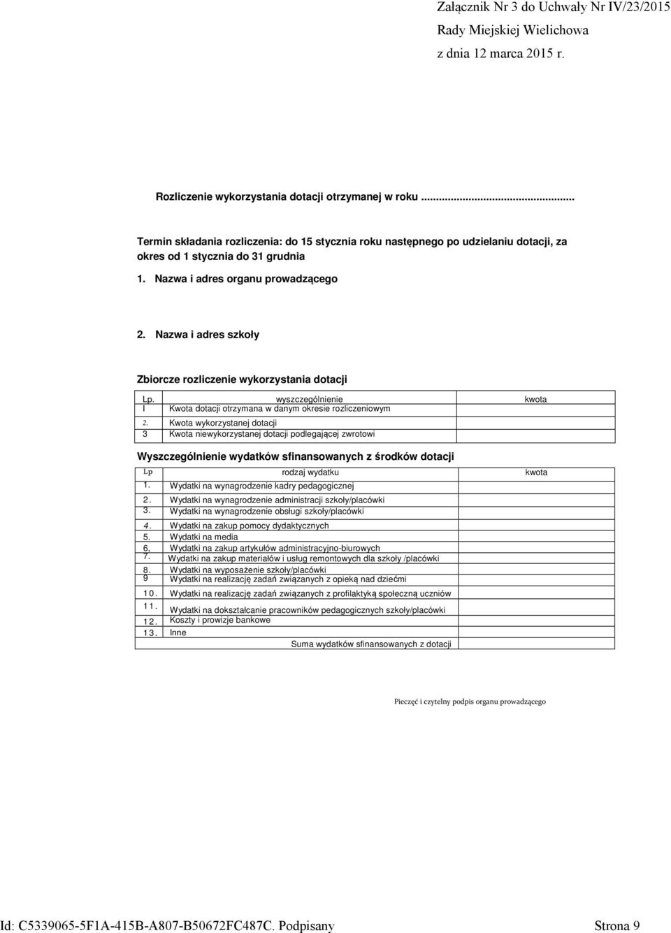 Nazwa i adres szkoły Zbiorcze rozliczenie wykorzystania dotacji Lp. wyszczególnienie kwota I Kwota dotacji otrzymana w danym okresie rozliczeniowym 2.