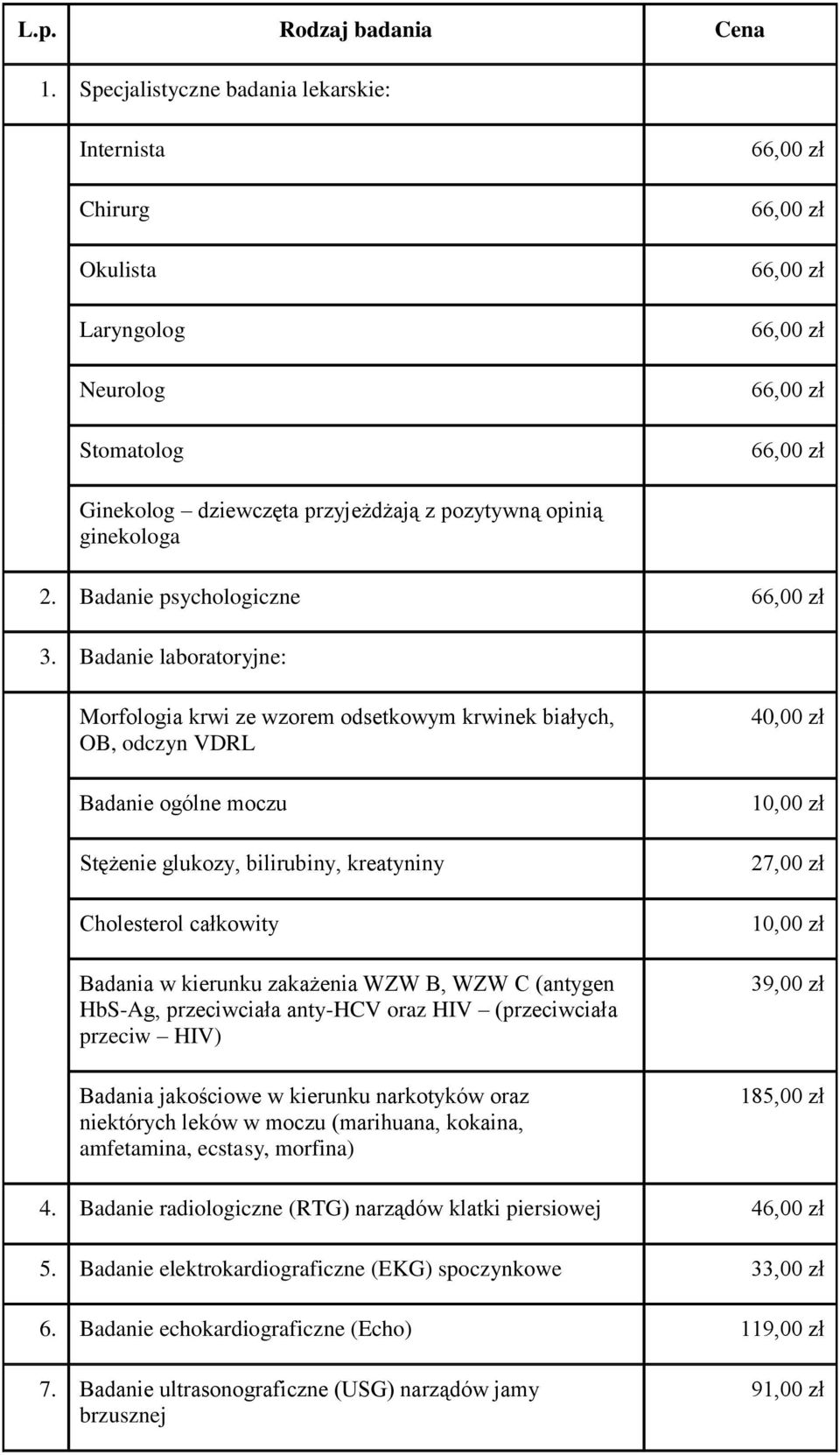 Badanie laboratoryjne: Morfologia krwi ze wzorem odsetkowym krwinek białych, OB, odczyn VDRL Badanie ogólne moczu Stężenie glukozy, bilirubiny, kreatyniny Cholesterol całkowity Badania w kierunku