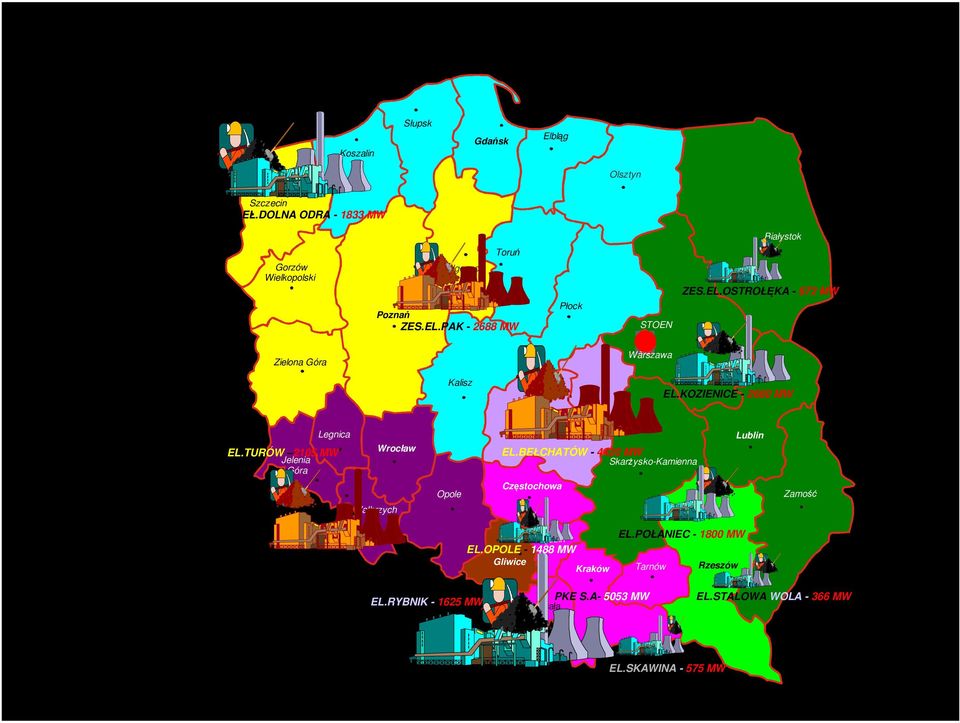 TURÓW 2105 MW Jelenia Góra Wrocław Wałbrzych Opole EL.BEŁCHATÓW - 4420 MW SkarŜysko-Kamienna Częstochowa Lublin Zamość Będzin EL.