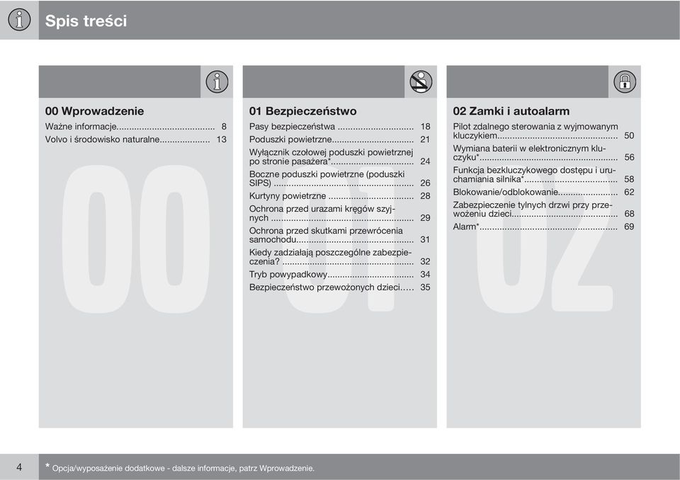 .. 24 Boczne poduszki powietrzne (poduszki Funkcja bezkluczykowego dostępu i uruchamiania silnika*... 58 SIPS)... 26 Kurtyny powietrzne... 28 Blokowanie/odblokowanie.