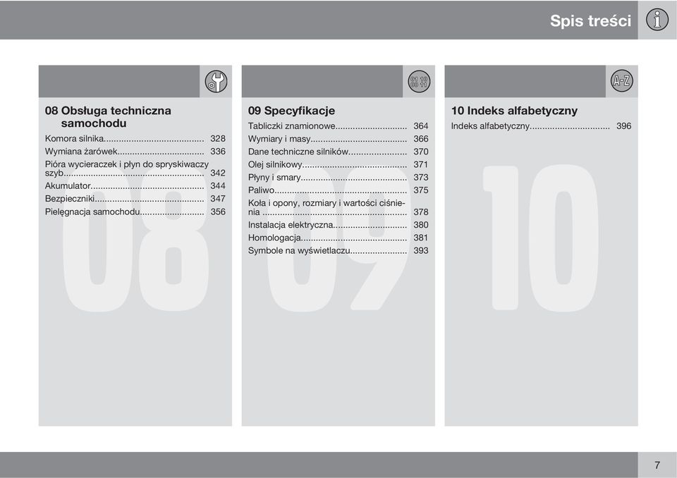 .. 364 Indeks alfabetyczny... 396 Wymiary i masy... 366 10 Dane techniczne silników... 370 Olej silnikowy... 371 Płyny i smary... 373 Paliwo.