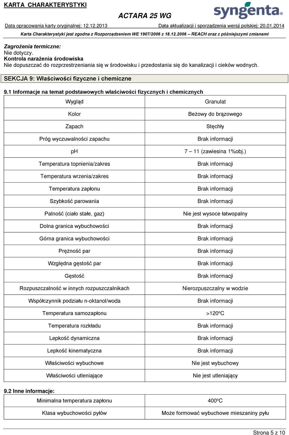 1 Informacje na temat podstawowych właściwości fizycznych i chemicznych Wygląd Granulat Kolor Zapach Próg wyczuwalności zapachu ph Temperatura topnienia/zakres Temperatura wrzenia/zakres Temperatura