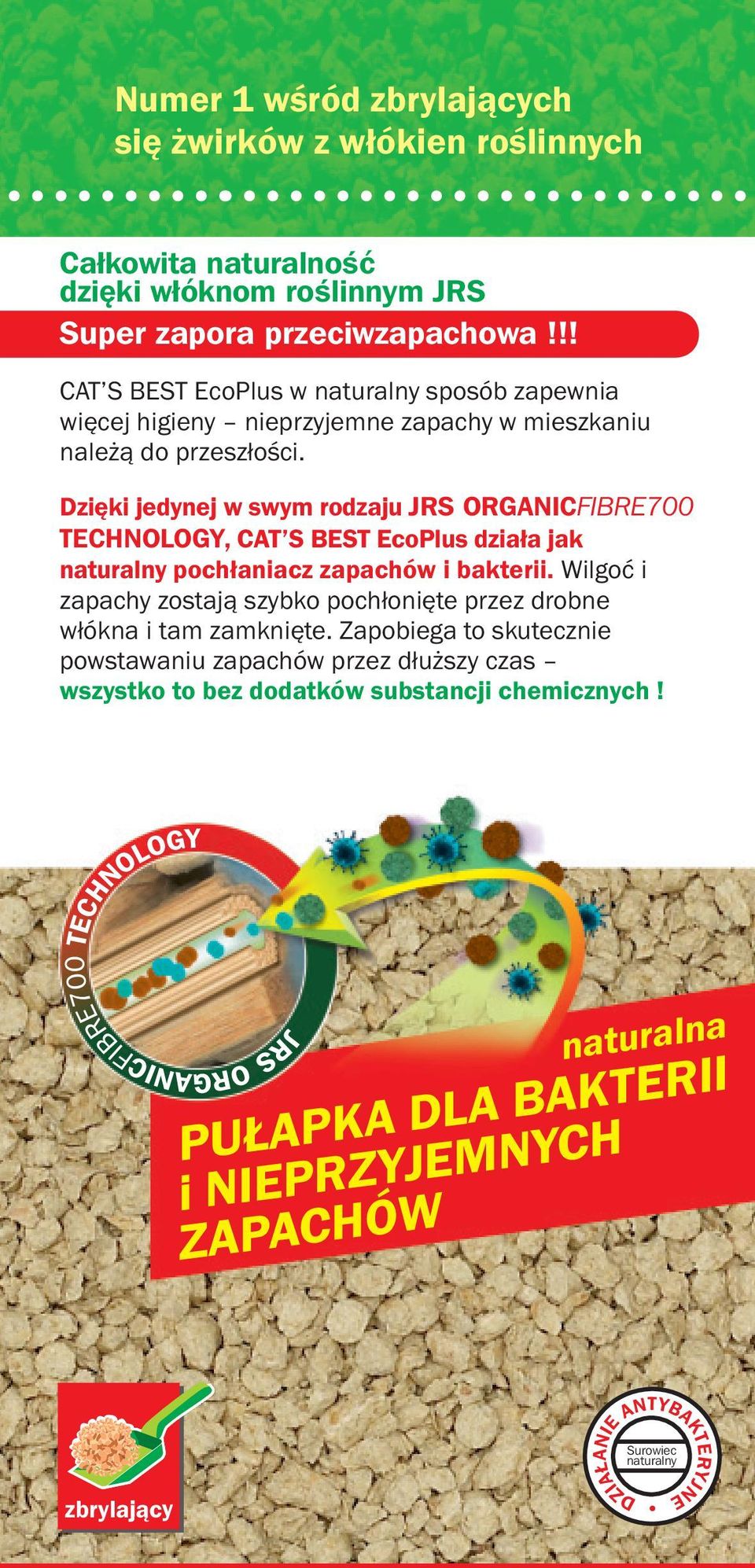 Dzięki jedynej w swym rodzaju JRS ORGANICFIBRE700 TECHNOLOGY, CAT S BEST EcoPlus działa jak naturalny pochłaniacz zapachów i bakterii.