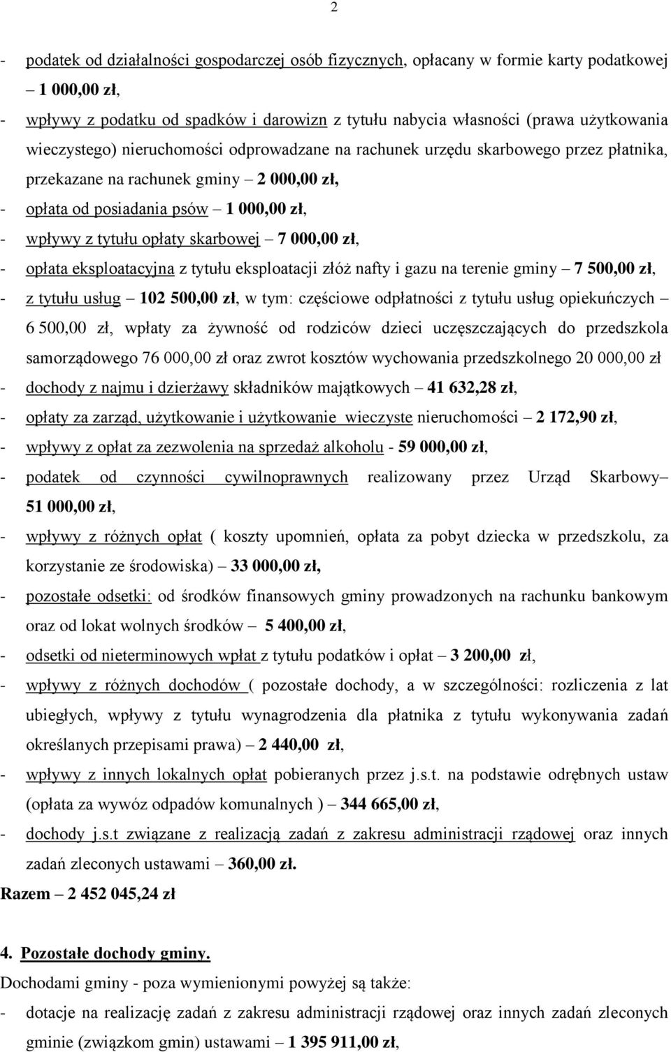 skarbowej 7 000,00 zł, - opłata eksploatacyjna z tytułu eksploatacji złóż nafty i gazu na terenie gminy 7 500,00 zł, - z tytułu usług 102 500,00 zł, w tym: częściowe odpłatności z tytułu usług