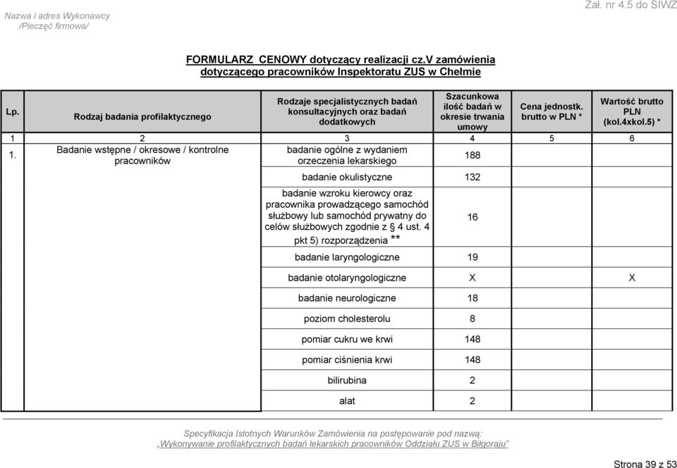 brutto w PLN * Wartość brutto PLN (kol.4xkol.5) * 1 2 3 4 5 6 Badanie wstępne / okresowe / kontrolne badanie ogólne z wydaniem 1.