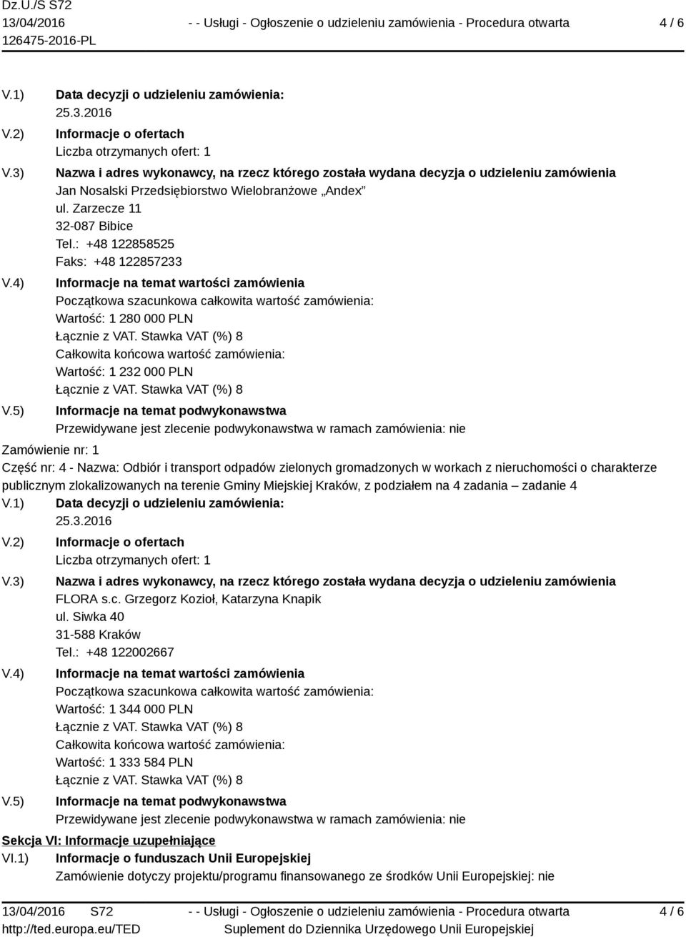 publicznym zlokalizowanych na terenie Gminy Miejskiej Kraków, z podziałem na 4 zadania zadanie 4 V.1) Data decyzji o udzieleniu zamówienia: FLORA s.c. Grzegorz Kozioł, Katarzyna Knapik ul.