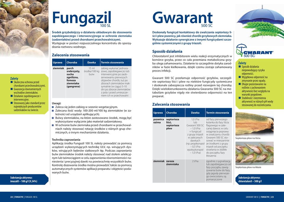 imazalil 100 g/l (9,34%) Środek grzybobójczy o działaniu układowym do stosowania zapobiegawczego i interwencyjnego w ochronie a (sadzeniaków) przed chorobami przechowalniczymi.