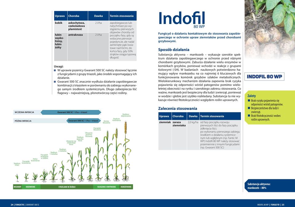 objawów choroby od 2 l/ha początku fazy, gdy są widoczne pierwsze pojedyncze, ale nadal zamknięte pąki kwiatowe nad liśćmi, do końca fazy, gdy 50% strąków osiąga typową długość Uwagi: W uprawie