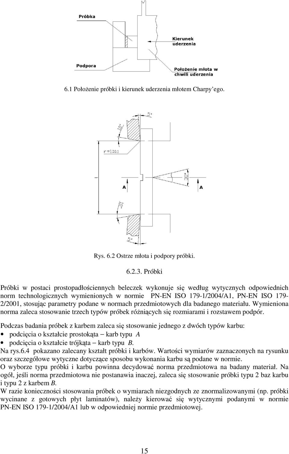 parametry podane w normach przedmiotowych dla badanego materiału. Wymieniona norma zaleca stosowanie trzech typów próbek róŝniących się rozmiarami i rozstawem podpór.