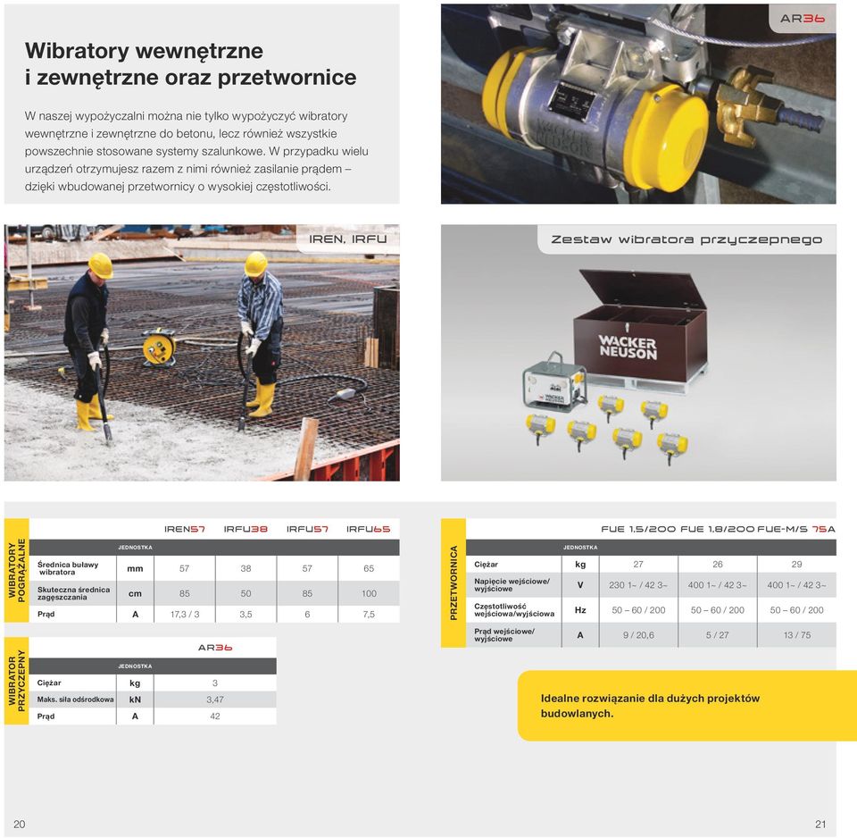 IREN, IRFU Zestaw wibratora przyczepnego IREN57 IRFU38 IRFU57 IRFU65 FUE 1,5/200 FUE 1,8/200 FUE-M/S 75A WIBRATORY POGRĄŻALNE Średnica buławy wibratora mm 57 38 57 65 Skuteczna średnica zagęszczania