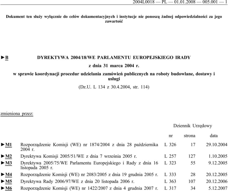 2004 r. w sprawie koordynacji procedur udzielania zamówień publicznych na roboty budowlane, dostawy i usługi (Dz.U. L 134 z 30.4.2004, str.