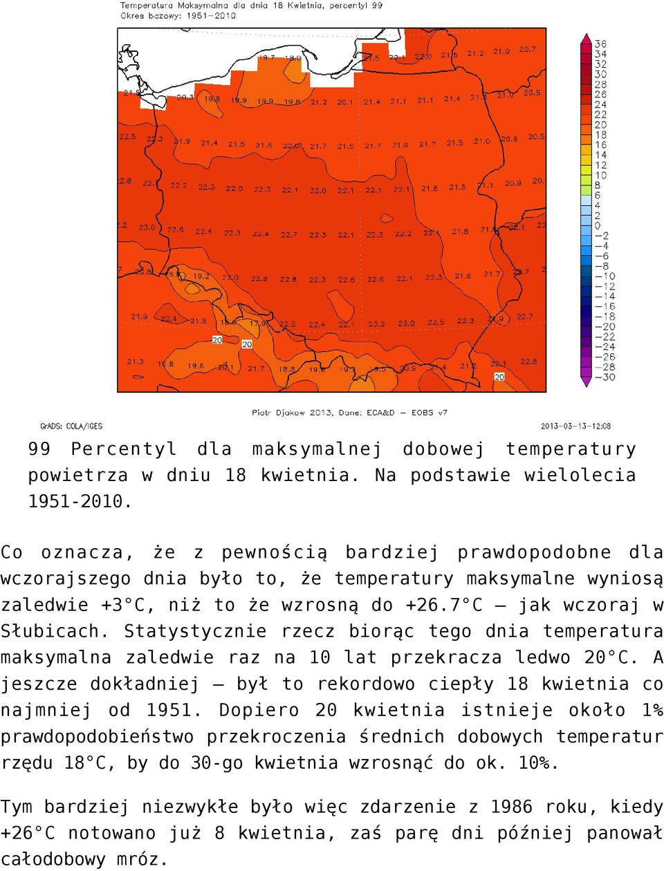 Statystycznie rzecz biorąc tego dnia temperatura maksymalna zaledwie raz na 10 lat przekracza ledwo 20 C. A jeszcze dokładniej był to rekordowo ciepły 18 kwietnia co najmniej od 1951.