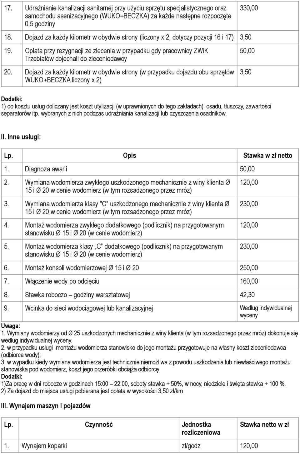 Dojazd za każdy kilometr w obydwie strony (w przypadku dojazdu obu sprzętów WUKO+BECZKA liczony x 2) 50,00 3,50 1) do kosztu usług doliczany jest koszt utylizacji (w uprawnionych do tego zakładach)