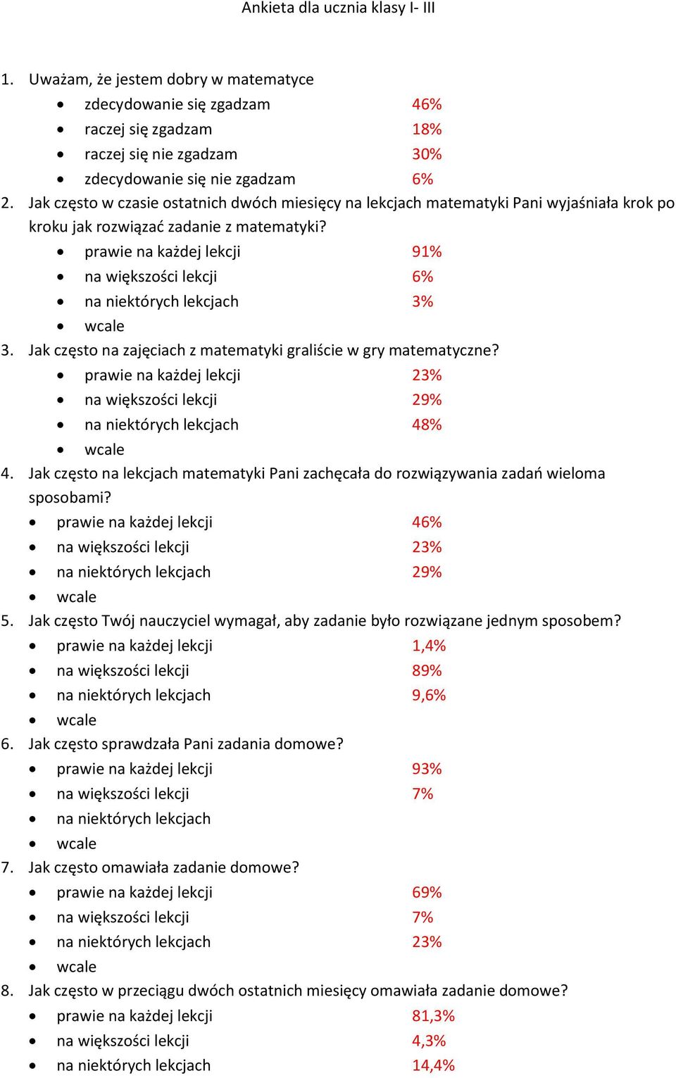 Jak często na zajęciach z matematyki graliście w gry matematyczne? prawie na każdej lekcji 23% 29% 48% 4. Jak często na lekcjach matematyki Pani zachęcała do rozwiązywania zadań wieloma sposobami?