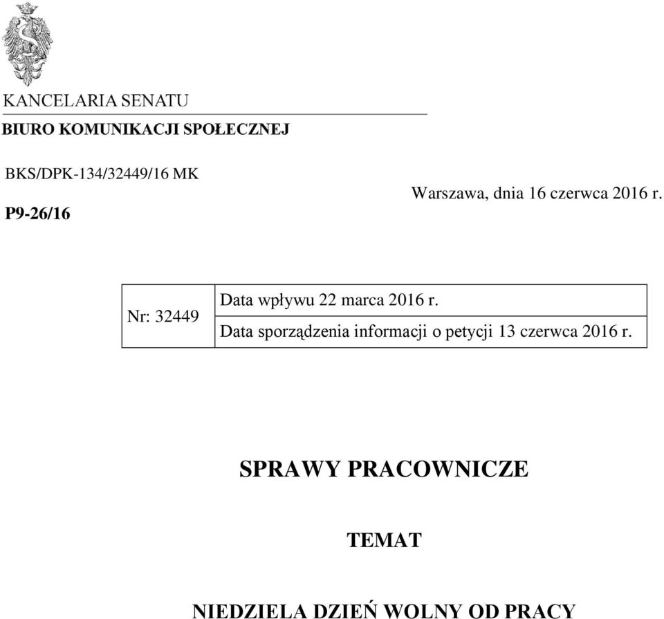 Data sporządzenia informacji o petycji 13 czerwca 2016