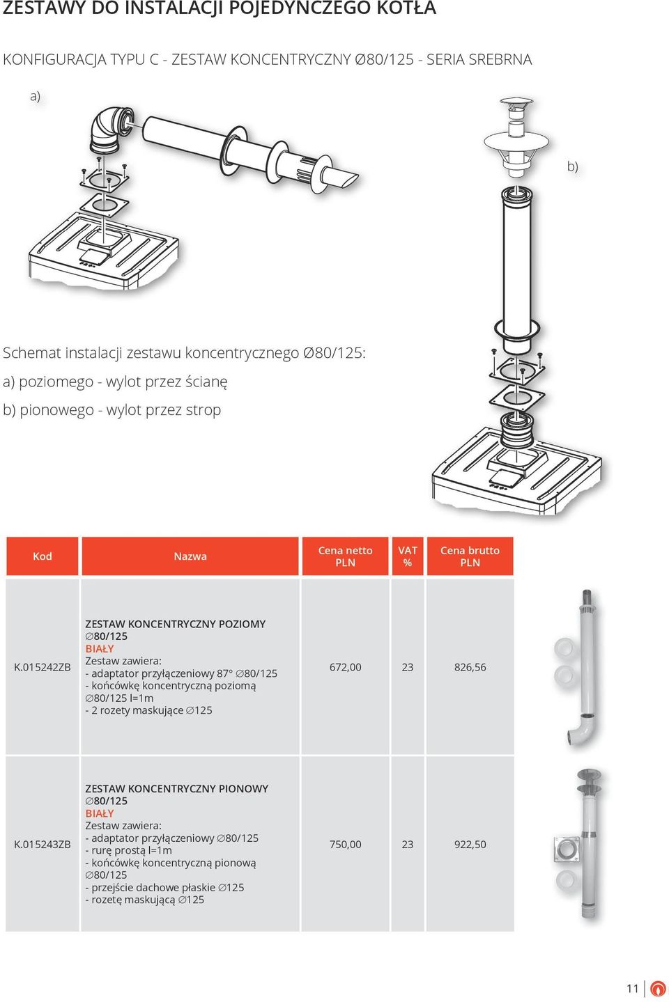 adaptator przyłączeniowy 87 80/125 - końcówkę koncentryczną poziomą 80/125 l=1m - 2 rozety maskujące 125 672,00 23 826,56 K015243ZB ZESTAW KONCENTRYCZNY PIONOWY 80/125 BIAŁY