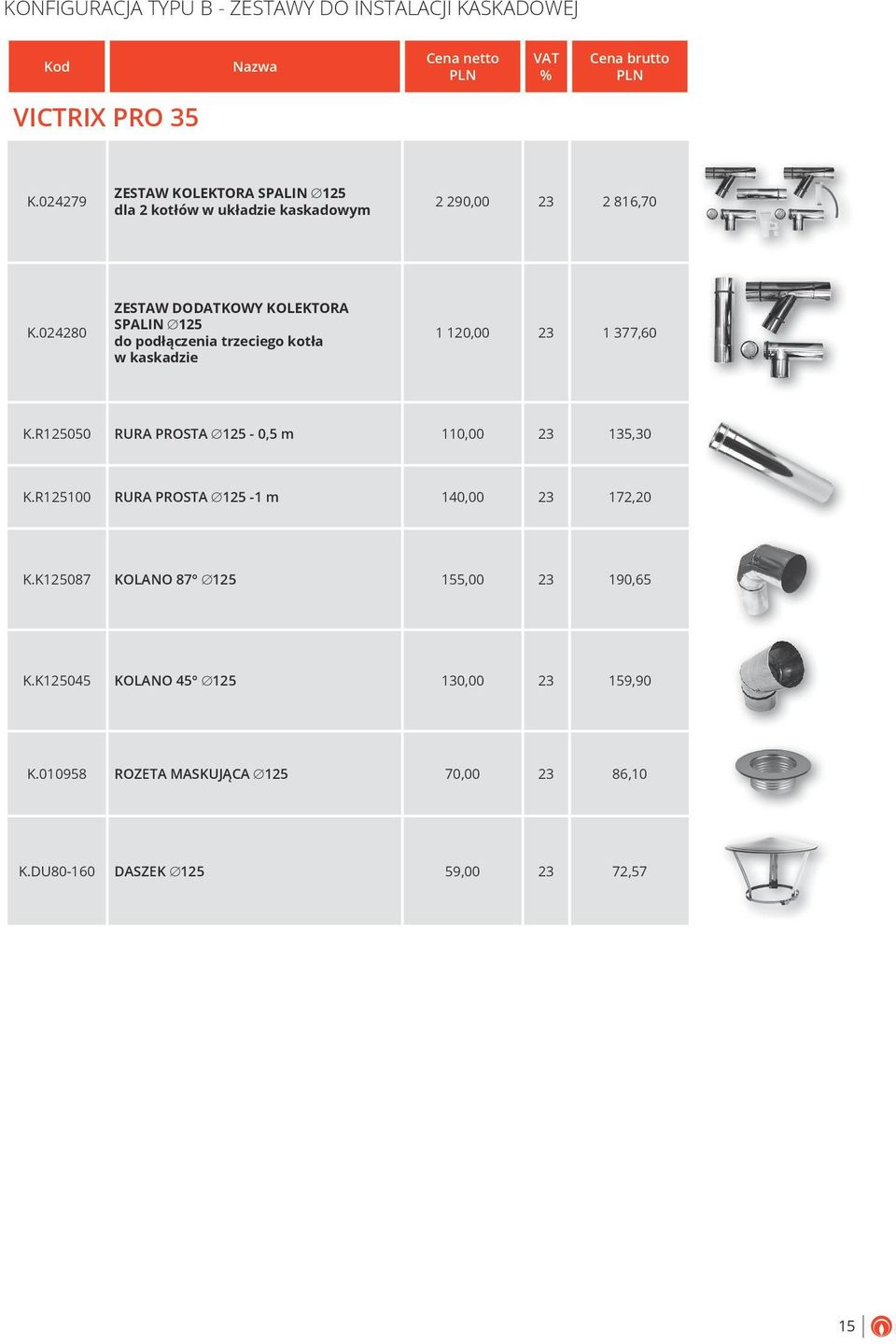 kaskadzie 1 120,00 23 1 377,60 KR125050 RURA PROSTA 125-0,5 m 110,00 23 135,30 KR125100 RURA PROSTA 125-1 m 140,00 23 172,20 KK125087 KOLANO