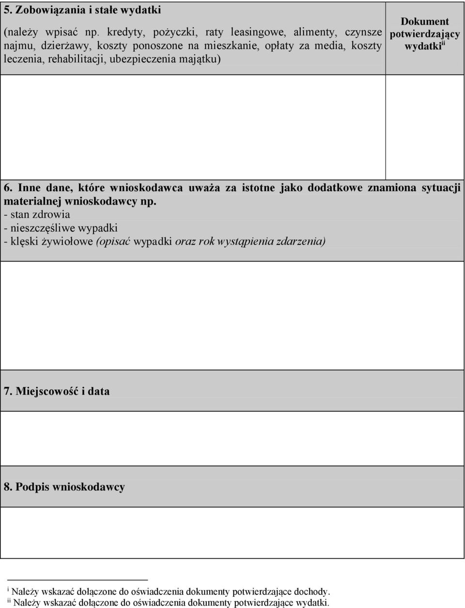 majątku) Dokument potwierdzający wydatki ii 6. Inne dane, które wnioskodawca uważa za istotne jako dodatkowe znamiona sytuacji materialnej wnioskodawcy np.