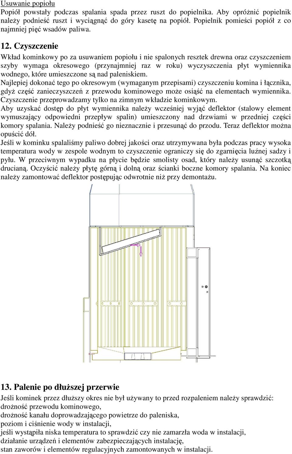 Czyszczenie Wkład kominkowy po za usuwaniem popiołu i nie spalonych resztek drewna oraz czyszczeniem szyby wymaga okresowego (przynajmniej raz w roku) wyczyszczenia płyt wymiennika wodnego, które