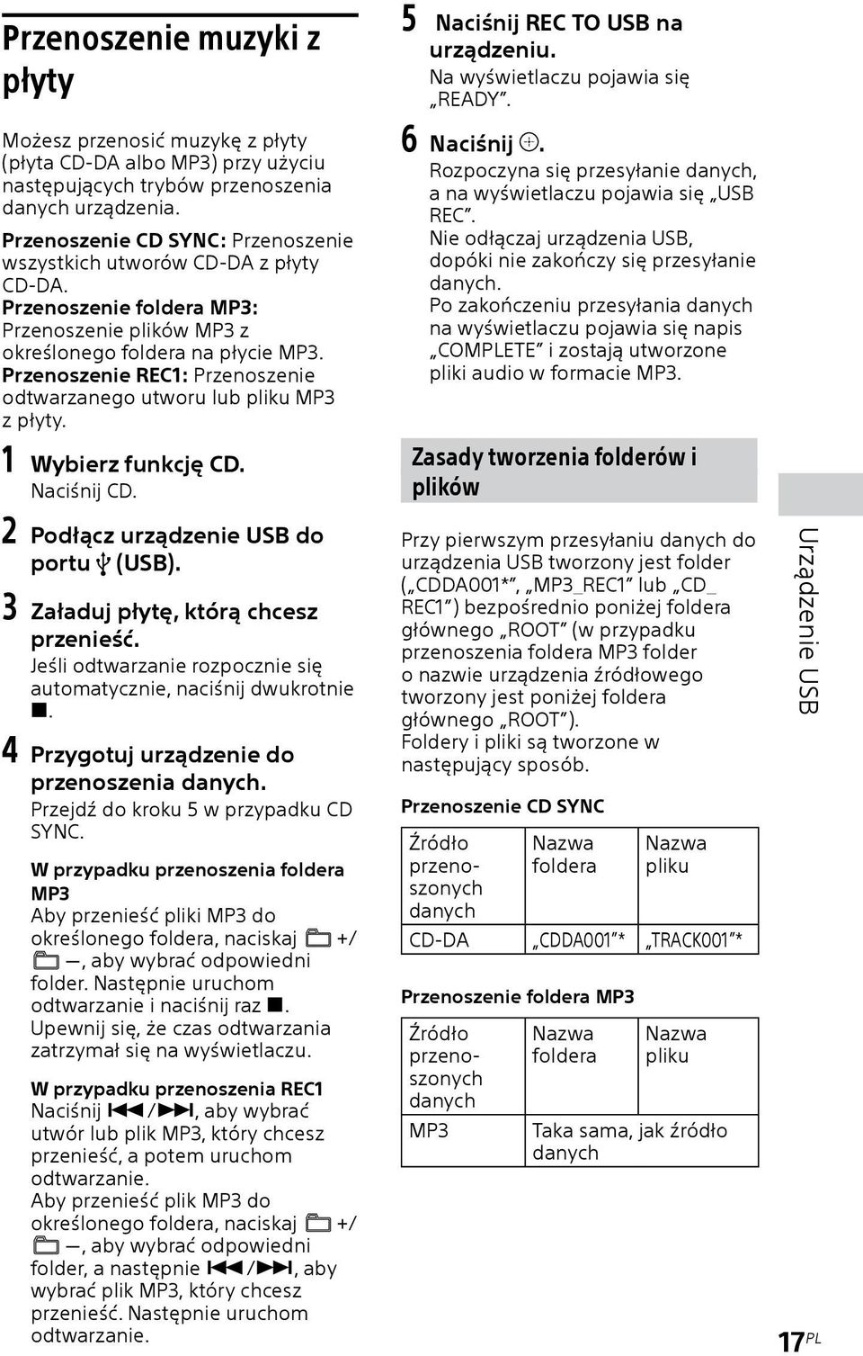 Przenoszenie REC1: Przenoszenie odtwarzanego utworu lub pliku MP3 z płyty. 1 Wybierz funkcję CD. Naciśnij CD. 2 Podłącz urządzenie USB do portu (USB). 3 Załaduj płytę, którą chcesz przenieść.