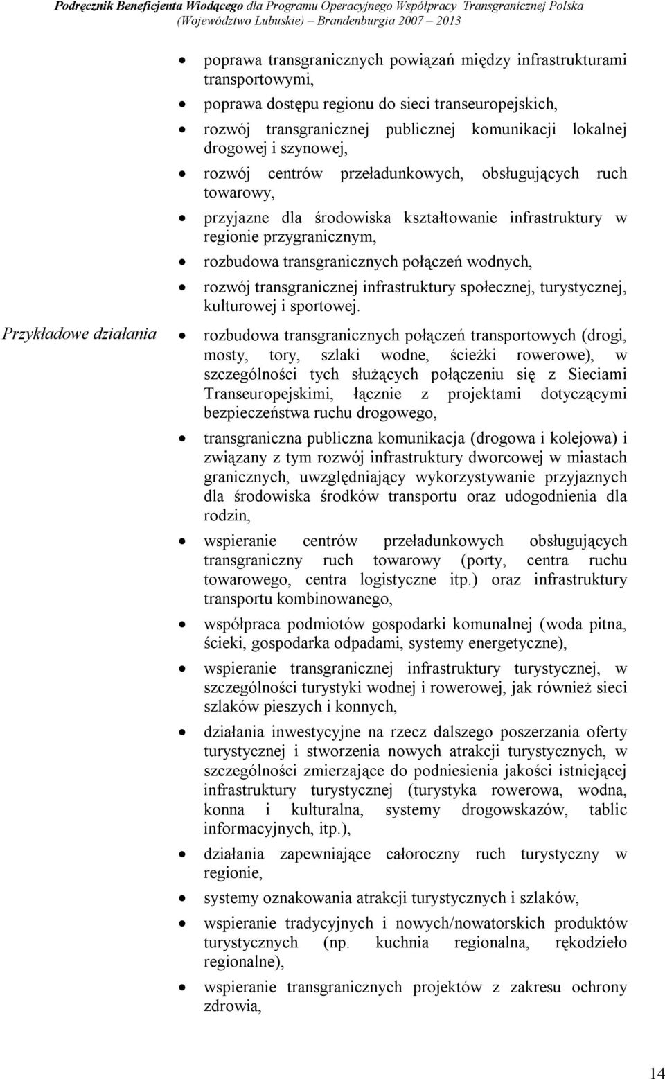 rozwój transgranicznej infrastruktury społecznej, turystycznej, kulturowej i sportowej.