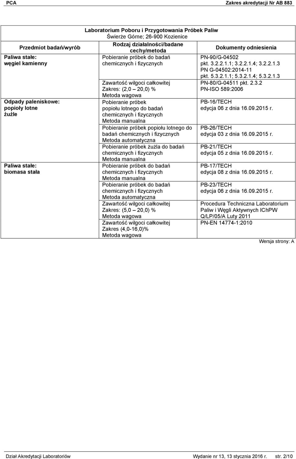 manualna Metoda manualna Metoda automatyczna Zawartość wilgoci całkowitej Zakres: (5,0 20,0) % Zawartość wilgoci całkowitej Zakres (4,0-16,0)% PN-90/G-04502 pkt. 3.2.2.1.1; 3.2.2.1.4; 3.2.2.1.3 PN G-04502:2014-11 pkt.